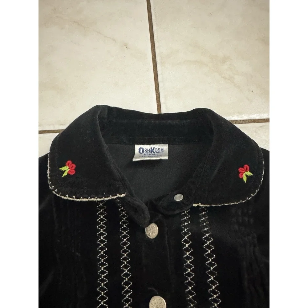 OshKosh B'gosh Girls 7 Black Velvet Holly Berry Embroidered Holiday Jacket Vtg